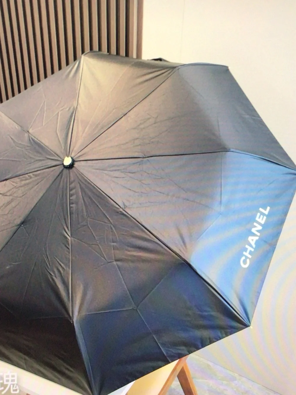 CHANEL Black Compact Umbrella with Blue Rose Handle